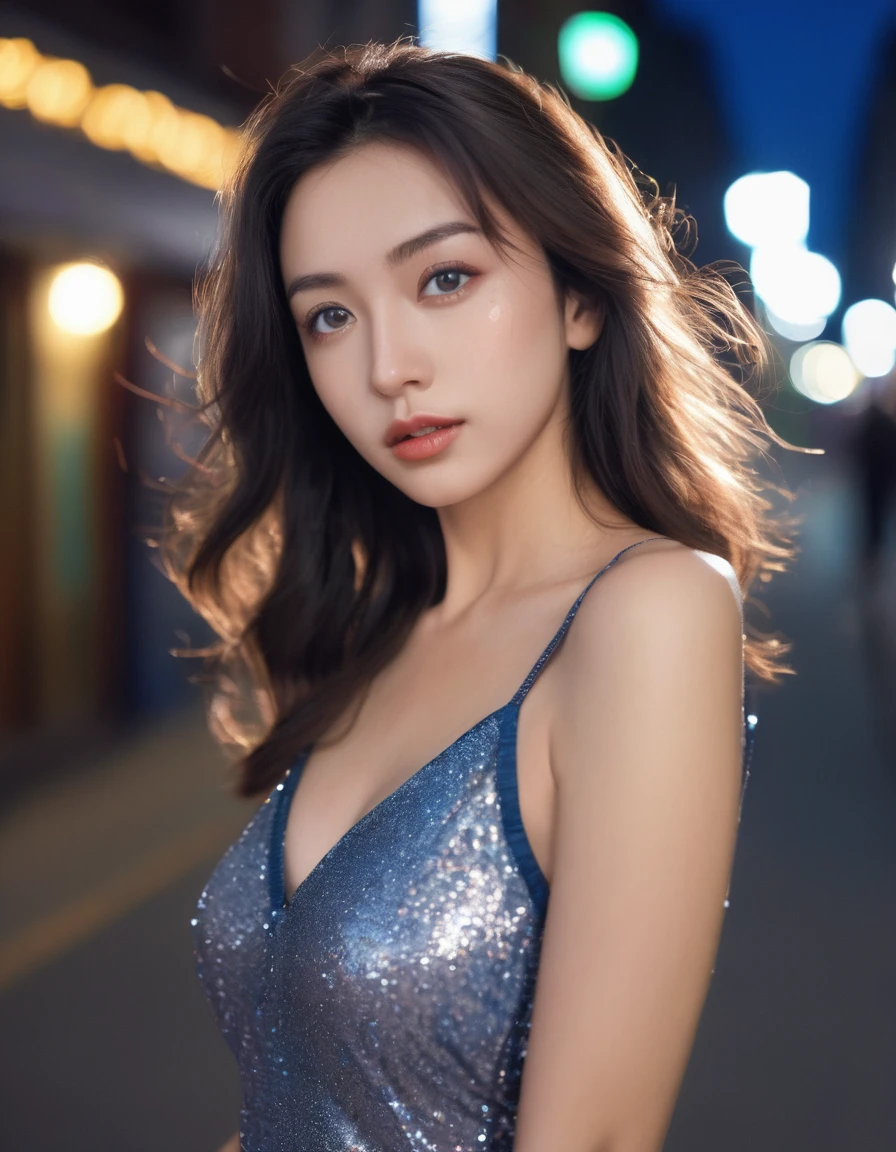 (selfie, top view: 1.4),full body shot, RAW UHD portrait photo of a 24-year-old long brown-haired (blue-eyed woman) walking down a dark alley, breasts,, the city at night, (skirt), (neckline), details (textures! , hair! , glitter, color!! , disadvantages: 1.1), glossy eyes with great detail (looking at the camera), SLR lighting, SLR camera, ultra-quality, sharpness, film grain (center), Fujifilm XT3, crystal clear, frame center, beautiful face, sharp focus, street lamp, neon lighting, bokeh (dimly lit), night, (night sky), detailed skin pores, oily skin, sunburn, complex eye details, full body, dynamic pose instagram