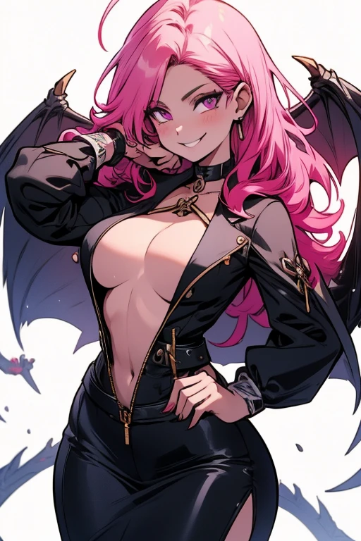 Perfect face. Perfect hands. A pink haired woman with violet eyes and an hourglass figure in a Gothic suit is with her scythe in an office with a big smile