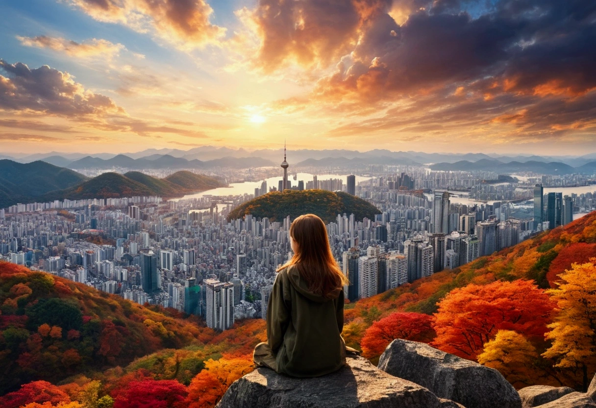 realisitic,A vast city spreads out、The sun rises over the skyscraper army、The morning sun is beautiful、Horizon,composed々The sky is getting brighter、Huge autumn clouds、Vibrant colors、Girl watching from distant mountain top