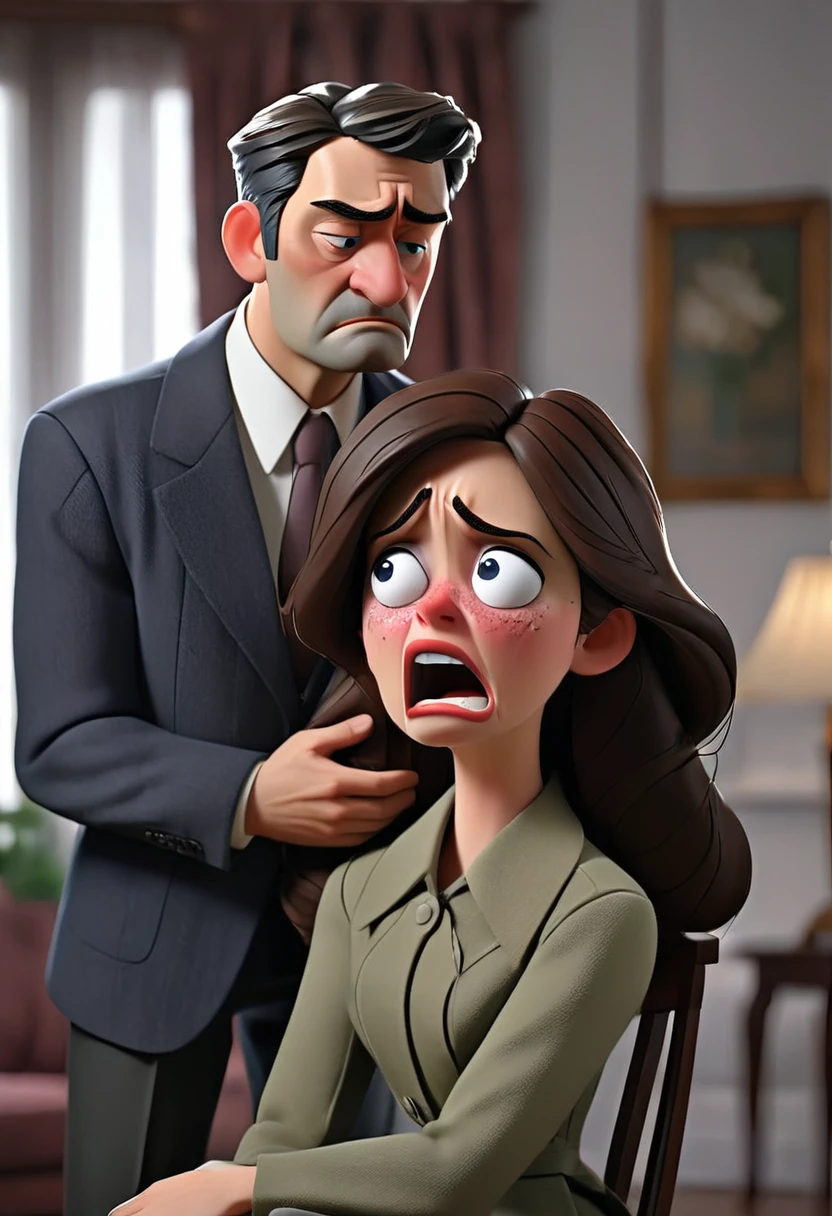 "A dramatic and emotional scene showing a woman (mistress) crying in front of her husband. The woman is visibly distressed, with tears streaming down her face. Her husband, standing nearby, looks concerned and conflicted. The setting is a well-furnished living room or office, with a somber and tense atmosphere. The woman is dressed in formal or casual attire, and the husband is dressed in business or casual wear. The overall mood is one of sadness and emotional turmoil."