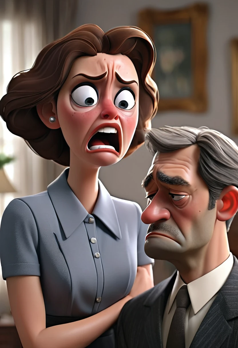 "A dramatic and emotional scene showing a woman (mistress) crying in front of her husband. The woman is visibly distressed, with tears streaming down her face. Her husband, standing nearby, looks concerned and conflicted. The setting is a well-furnished living room or office, with a somber and tense atmosphere. The woman is dressed in formal or casual attire, and the husband is dressed in business or casual wear. The overall mood is one of sadness and emotional turmoil."