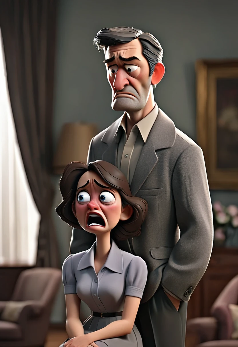 "A dramatic and emotional scene showing a woman (mistress) crying in front of her husband. The woman is visibly distressed, with tears streaming down her face. Her husband, standing nearby, looks concerned and conflicted. The setting is a well-furnished living room or office, with a somber and tense atmosphere. The woman is dressed in formal or casual attire, and the husband is dressed in business or casual wear. The overall mood is one of sadness and emotional turmoil."