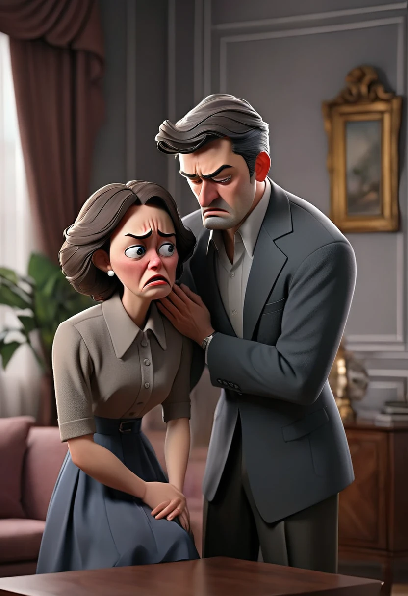 "A dramatic and emotional scene showing a woman (mistress) crying in front of her husband. The woman is visibly distressed, with tears streaming down her face. Her husband, standing nearby, looks concerned and conflicted. The setting is a well-furnished living room or office, with a somber and tense atmosphere. The woman is dressed in formal or casual attire, and the husband is dressed in business or casual wear. The overall mood is one of sadness and emotional turmoil."