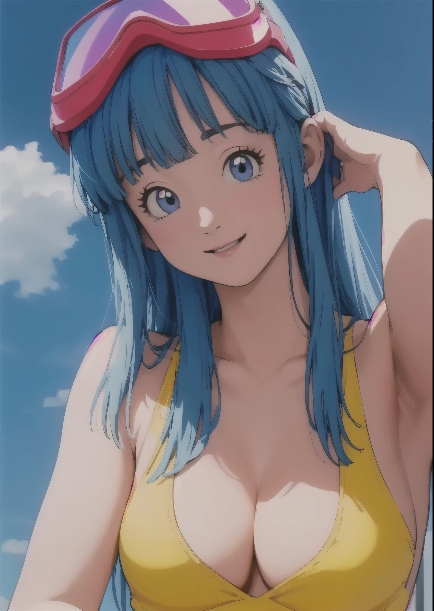 masterpiece, best quality, highest quality, photorealistic, perfect anatomy, perfect face, perfect eyes,
marondballz, blue hair, 1girl, solo, breasts, sky, cloud, cleavage, blue sky, blue eyes, medium breasts, (nude:1.3), day, smile, goggles, yellow swimsuit, upper body, long hair, goggles on head, eyewear on head, bangs, outdoors, sexy pose