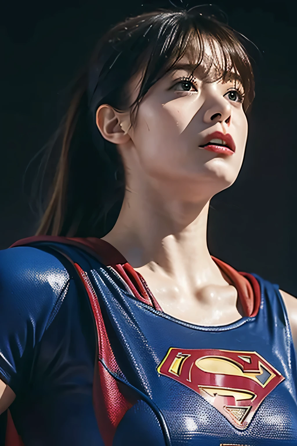 Supergirl, 29 years old、Height: 152cm, in wrestling arena, midday, hair tied, Supergirl Afraid, Supergirl was sweating wet, Wearing a tank top Supergirl costume, Hair bangs, Supergirl's costume is torn, face Supergirl is injured, supergirl defeated,  Frightened expression, Look up, Sweating profusely, wet sweat, Supergirl is shocked, Supergirl screamed in fear
