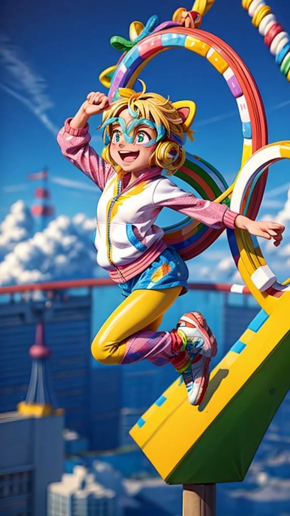 A highly detailed, colorful, and whimsical illustration of an Olympic mascot character happily jumping or dancing in front of the iconic five Olympic rings symbol, in a dynamic and vibrant composition, (best quality, 4k, 8k, highres, masterpiece:1.2), ultra-detailed, (realistic,photorealistic,photo-realistic:1.37), vibrant colors, dynamic pose, intricate details, mascot character, Olympic rings, sports, olympics, cute, whimsical, playful, energetic, Tokyo 2020 Olympics, illustration, digital art