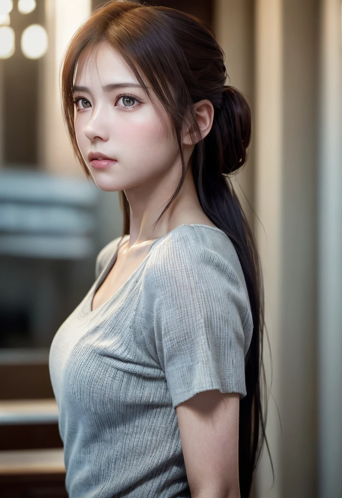 8K, of the highest quality, masutepiece:1.2), (Realistic, Photorealsitic:1.37), of the highest quality, masutepiece, Beautiful young woman, Pensive expression, Thoughtful look, female doctor teacher, Hair tied back, Messy mood, Cinematic background, Tired, Light skin tone
