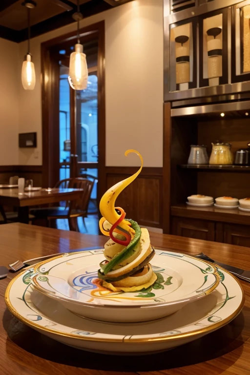 Help me with a logo where a spiral-shaped plate is shown, representing immersion in a continuous experience of creativity and discovery. The vibrant colors and fluid shapes reflect the innovation and dynamism of the restaurant with the name euphoria