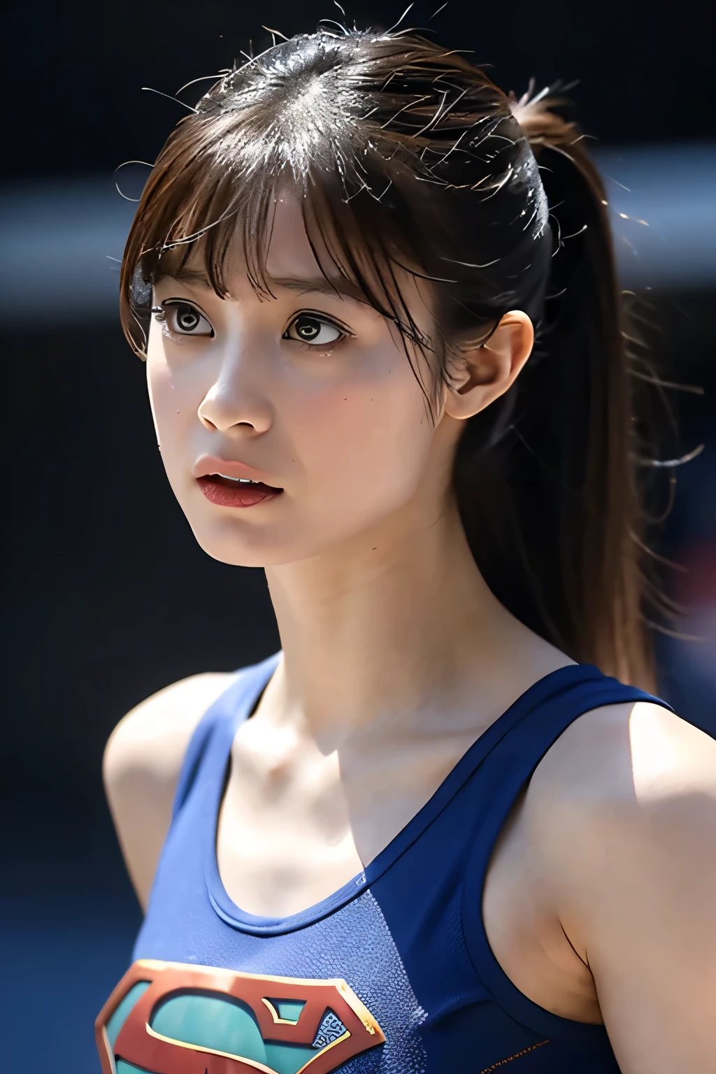 Supergirl, 29 years old、Height: 152cm, in wrestling arena, midday, hair tied, Supergirl Afraid, Supergirl was sweating wet, Wearing a tank top Supergirl costume, Hair bangs, Supergirl's costume is torn, face Supergirl is injured, supergirl defeated, Frightened expression, Look up, Sweating profusely, wet sweat, Supergirl is shocked, Supergirl screamed in fear