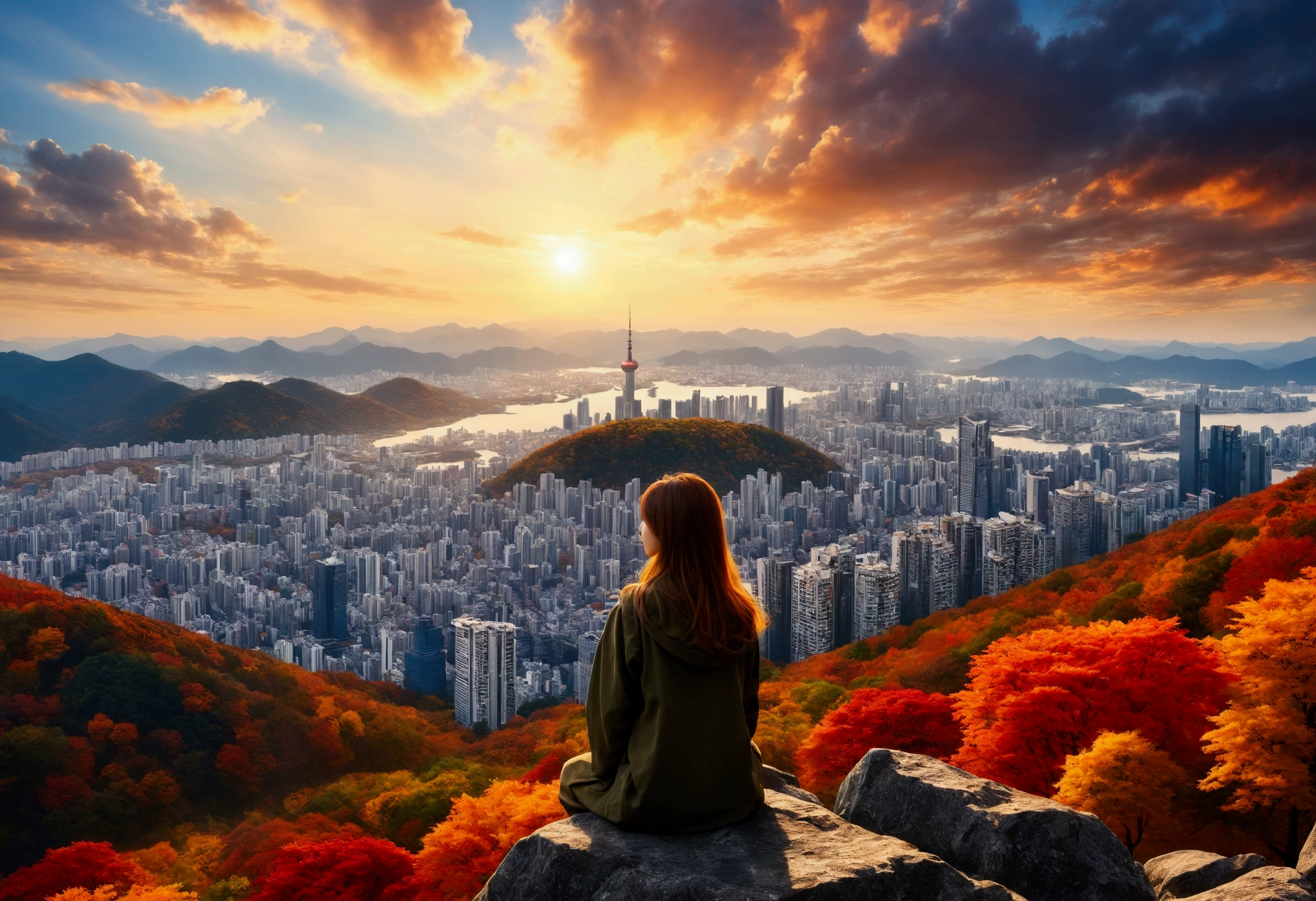 realisitic,A vast city spreads out、The sun rises over the skyscraper army、The morning sun is beautiful、Horizon,composed々The sky is getting brighter、Huge autumn clouds、Vibrant colors、Girl watching from distant mountain top