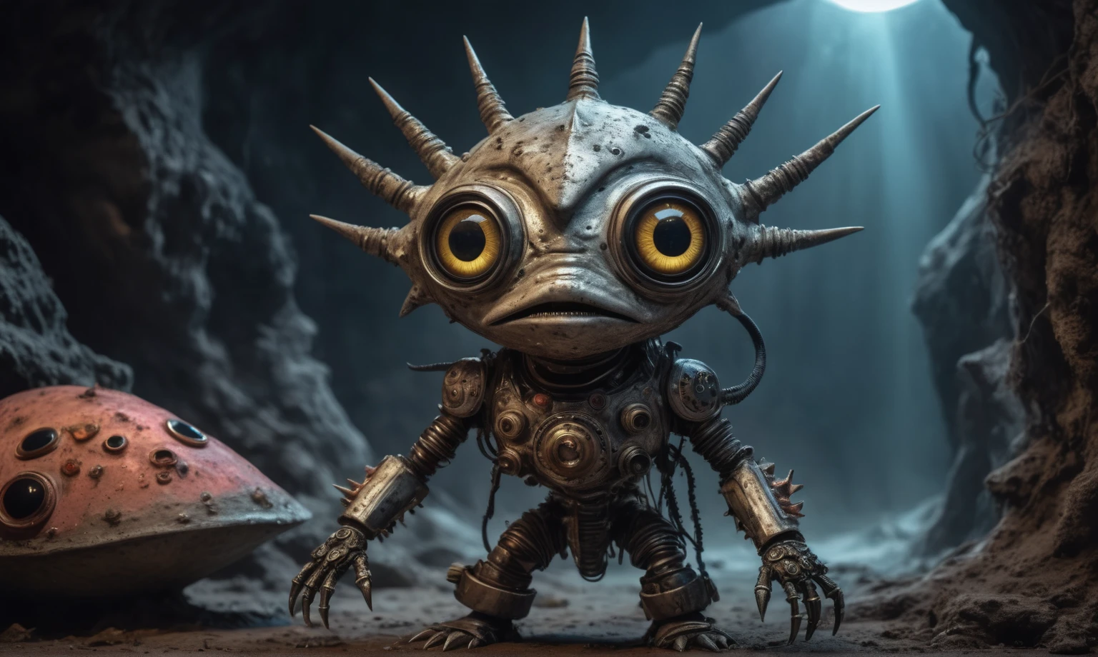 full body length shot,nerd graphite  Alien Entity,native africa slave ,azctec Finnish Lapland,Cinematic,soft colors, Technicolor,natural skin textures, hyper realism, hyper detailed,Extremely detailed,High contrast,Masterpiece,Realistic,Ultra Detailed, intricate details,realistic humid leather,extremely intricate details,Epic Realistic, cinematic style, irina yermolova,high contrast,hdr,extremely detailed, [deep night landscape],masterpiece, intricate details, eyes extremely detailed, high detailed eyes,8k resolution,retina, Nikon Z9,Korea,orc,Egypt, Pisces, transition between two art styles,full body length, Double contact, X-ray, Creative, vivid light, fantasy, Abstract, Surrealism, super detailed, high resolution,insanity national folk wear,skin  almost translucent, gothic elements,Mestichino,Light particles,chaos,starfish's leather,"(The best lighting, dark, dramatic), terror.),(fish eyes, A Modern flat toon Crazy whit a Big ONE a Only Eye Robot USSR , and helmet Style, tongs in hands, Tv head, pinhead, camouflage Yellow White Pink Rusty, Ambient in a meteorite crater super detailed, 