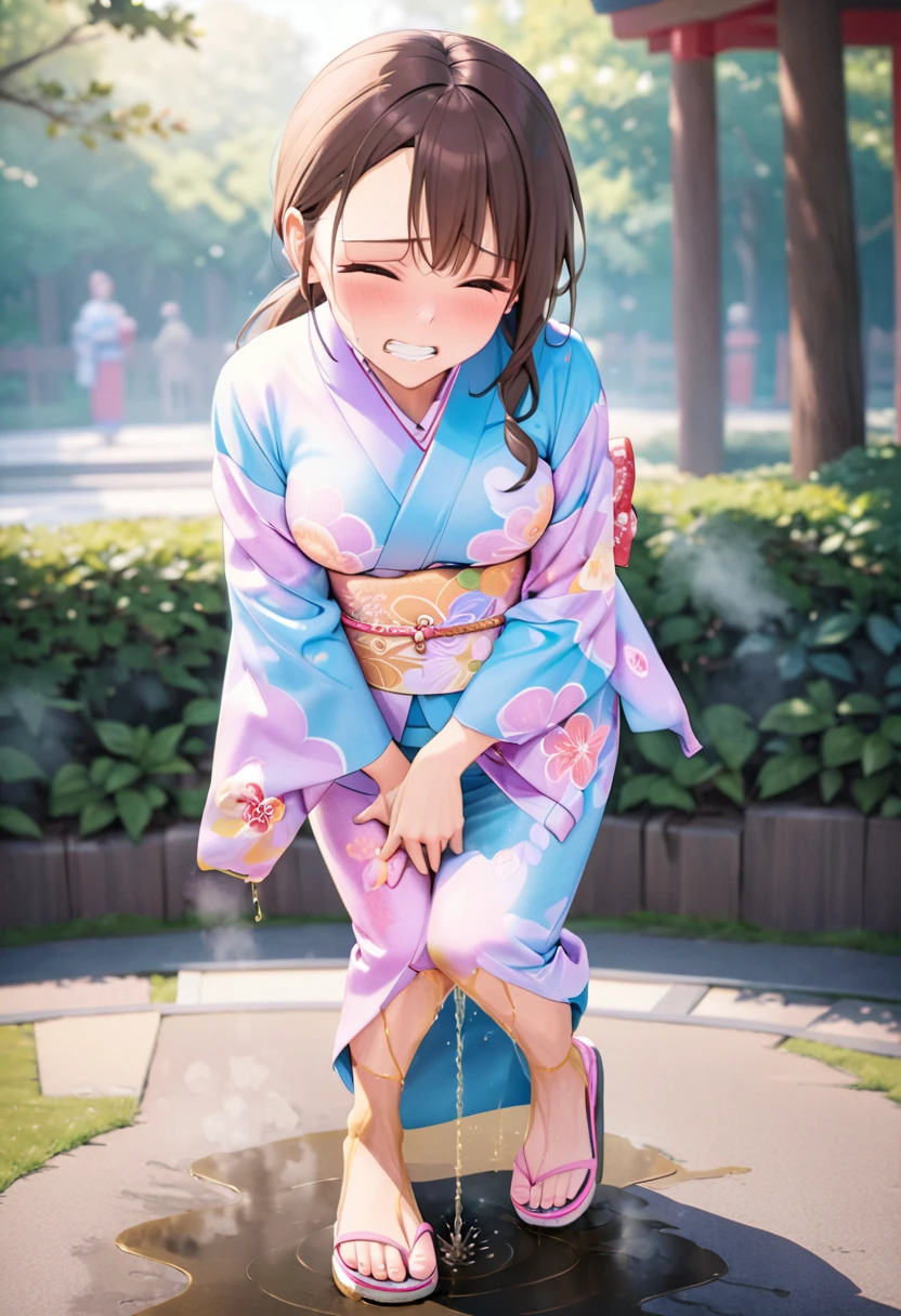 nsfw, (masterpiece, top quality, best quality, highly detailed:1.6), extremely detailed CG unity 8k wallpaper, (full body), wide shot, long shot, (close knees:3), (leaning forward, Clenching the crotch:2), (standing:2), (((clutching crotch))), (woman standing on the shrine, outdoor), (Pastel Colors kimono, Maxi Length, Extremely wet with pee:2)),strong facial expression, (sharp eye:1.2), (scowl:1.1), (embarrassed,blush:1.3), (steam:2), (Wet:1.1), (sweat:1.1), (trembling:1.3), (open mouth, wavy mouth:1.4), (clenched teeth:1.7), (closed eyes:1.5), (feeling weak:1.5), (bravery crying, sobbing:1.5), (shoot from front, looking at viewer:1.2), Red sandals, (long hair, Dark Brown hair, low ponytail:1.4), (woman trembling with sexual climax:1.5), colorful, perfect composition, (Touching the crotch:1.7), urination, incontinence, piss, peeing self, A lot of pee, (((pee stream))), (pee puddle), Wetting herself, peeing, blush, trembling, embarrassed, large breasts, Yellow pee, ((leaking pee)), Shaking one's shoulders, Breaking a sweat on forehead, Pee spread on the floor, (Pee stains), Full bladder, ((Pee-soaked kimono)), Pee-soaked ankle socks, natural makeup,