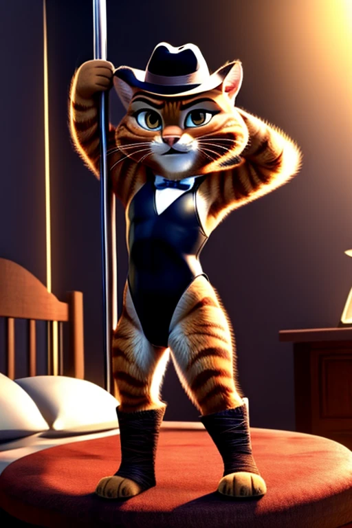 Puss in Boots, DreamWorks Animated, Leotard,((Wearing a fedora hat)), 3:1 Hip to leg ratio, ((Bedroom)), Pole Dancing