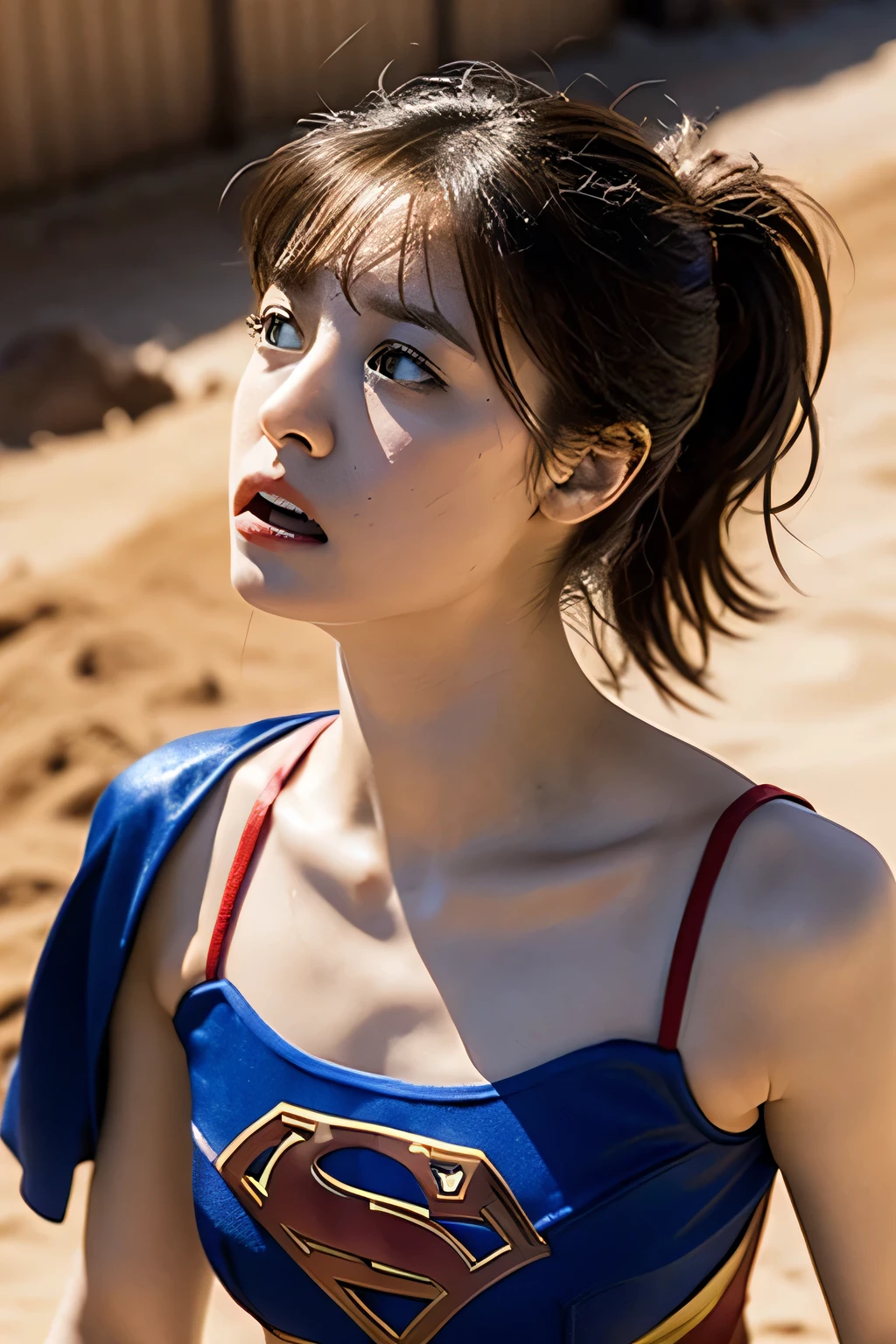 (8k, 32K, RAW photos, top quality, masterpiece: 1.2), ULRA high resolution, high definition photos, (superwoman reenactment flying like the movie Superman), (very cute girl close-up), (photorealistic: 1.2), ponytail, smile white teeth, (Greece, Aegean Sea, taken from the sky) (girl flying 300m) (white costume), ( Beautiful view with blue sea and white roofs below)