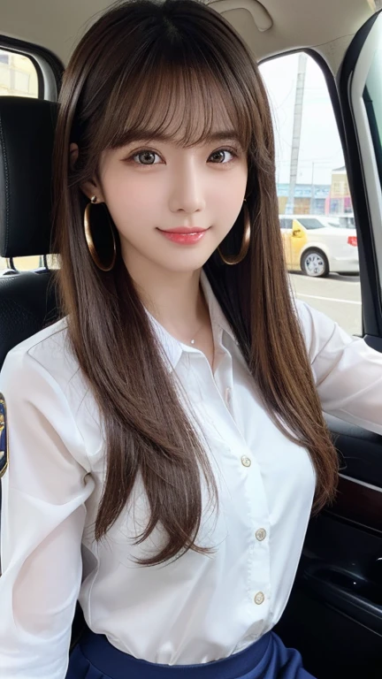 (Highest Resolution, clear_Image 1.2) 、(Beautiful girl with golden ratio face)、(Very lively eyes、Wolf Eyes 3.5)、Great essentials,、Attention to detail、 Brown long hair、Lip gloss、Very beautiful girl、 alone, Beautiful girl like a model、Woman in uniform, Navy blue mini skirt、Taxi driver uniform、White shirt、Earrings、Black Pantyhose、Inside the taxi、Assistant seat、18-year-old、nice smile、