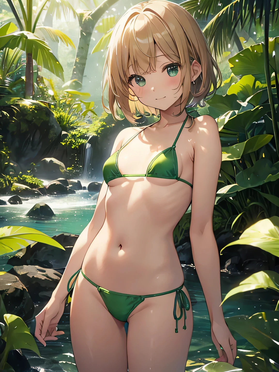 top-quality、extremely delicate and beautiful、 girls、5th grade elementkini））、mesugaki、A smile、a blond、(Brown skin)、Sea on jungle background、is standing、short-hair