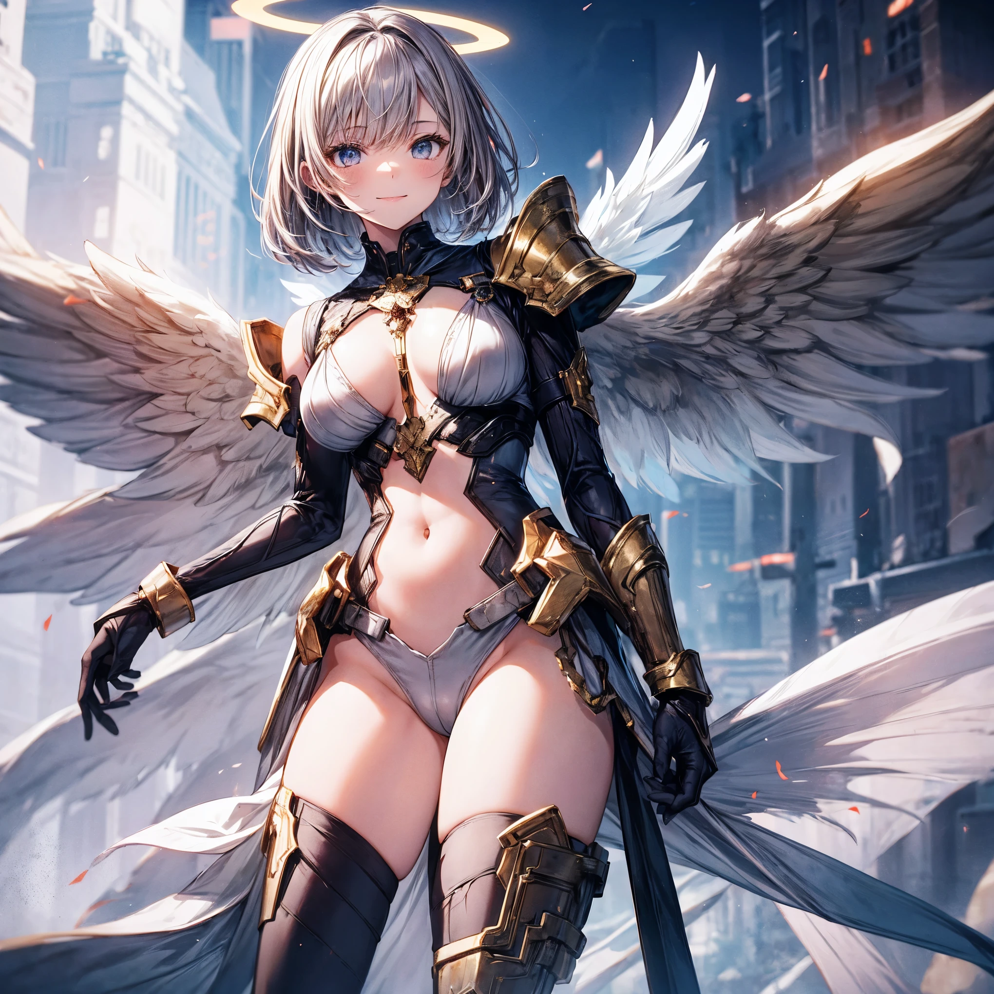 fantasy, 1angel_girl,(young_:1.5), ,brown_hair, medium_bob_hair, long_bangs, halo,bare_shoulder,thighhighs,silver_armor, waist_armor, large_breair_wings, dynamic_pose_fighting,floating, bare_crotch, headgear,gauntlet, greaves,city_landscape_background,slightly_spread_legs, solo, groin_naked,smile