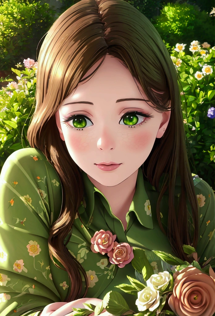 a young girl with beautiful detailed green eyes, long eyelashes, delicate features, and flowing brown hair, elegant pose, serene expression, floral garden background, sunlight, (best quality,4k,8k,highres,masterpiece:1.2),ultra-detailed,(realistic,photorealistic,photo-realistic:1.37),intricate details,vibrant colors,soft lighting,serene atmosphere,digital art,concept art,portrait