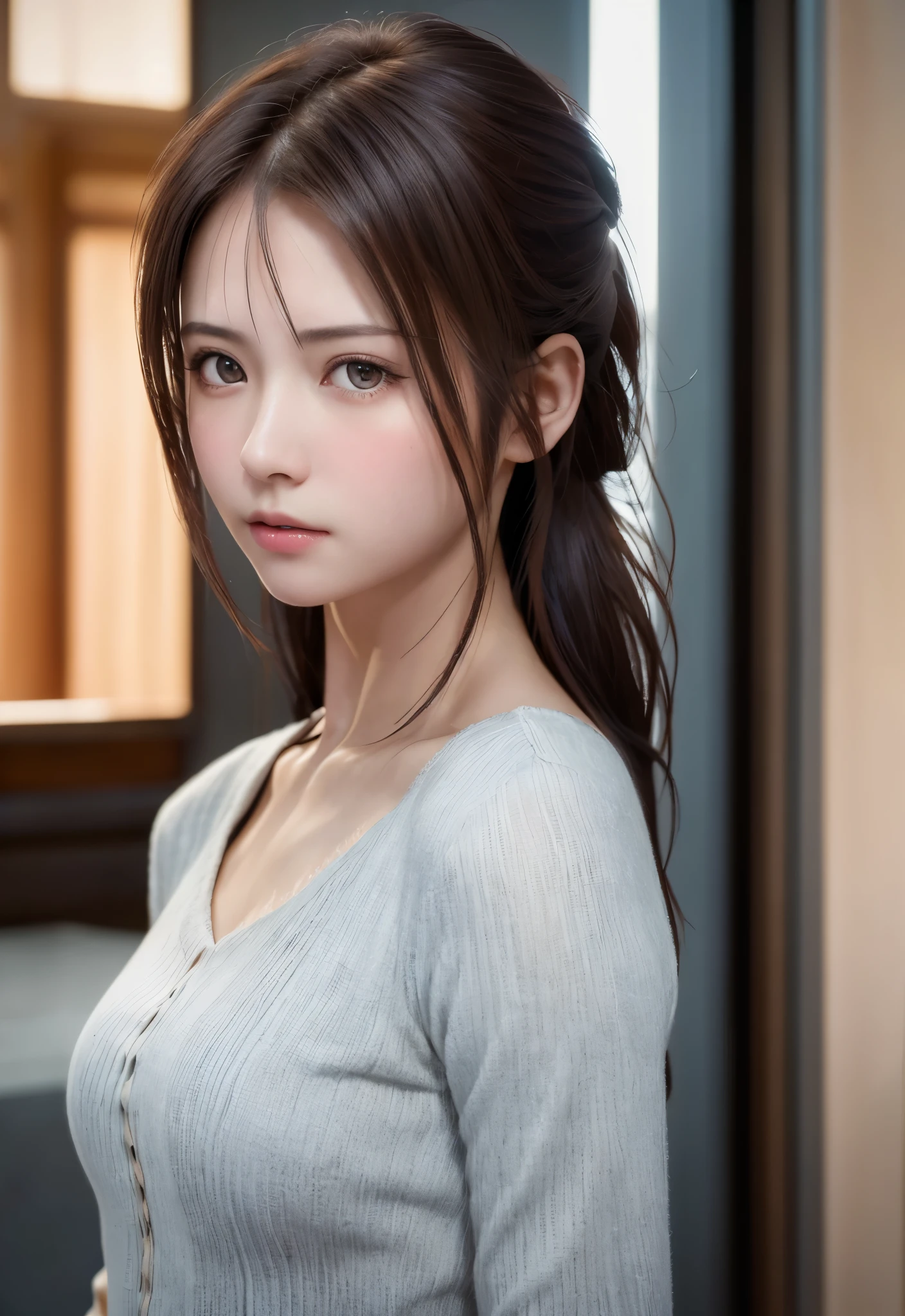 8K, of the highest quality, masutepiece:1.2), (Realistic, Photorealsitic:1.37), of the highest quality, masutepiece, Beautiful young woman, Pensive expression, Thoughtful look, Female doctor, Hair tied back, Cinematic background, Light skin tone