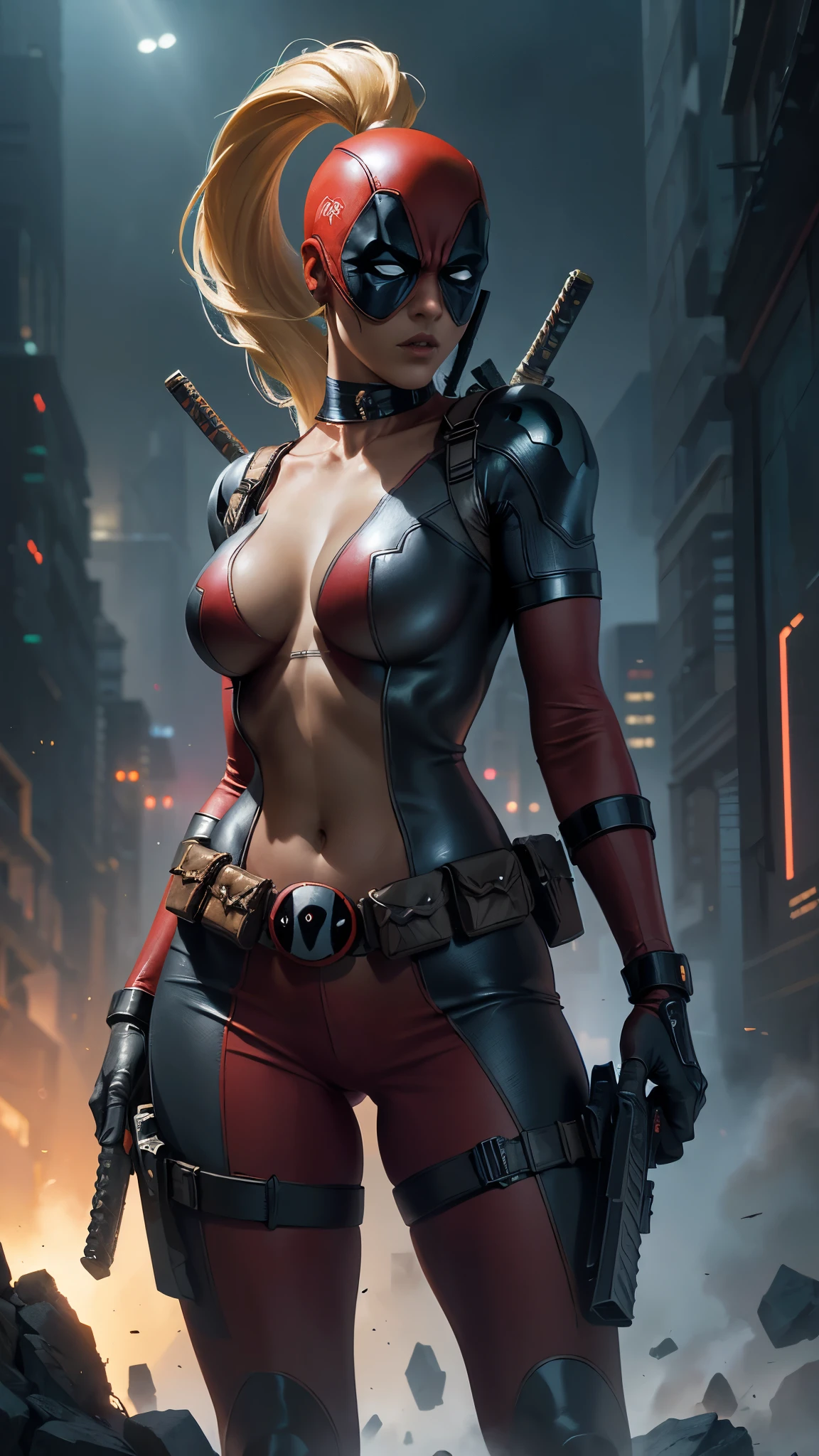 masterpiece, best quality, highres, contrapposto,BodySuit_lady_deadpool_ownwaifu,
1girl, mask, blonde hair, ponytail, long hair, large breasts, no pupils, 
bodysuit, skin tight, superhero, belt pouch, utility belt, red bodysuit, gloves, weapon on back, thigh pouch, thigh strap, thigh holster, belt buckle, turtleneck, light particles, depth_of_field, scenery, night, closeup, solo,Epic Fantasy Art Style HD, 4K fantasy art, epic fantasy digital art style, epic fantasy art style, Fantasy Woman, epic fantasy art portrait, Epic fantasy style, hyperrealistic fantasy art, hd fantasy art, Epic fantasy character art, epic fantasy art, in style of dark fantasy art, epic fantasy digital art, ,(Fondo de ruinas de mazmorra en ruinas:1.4 ), (iluminación cinematográfica :1.4), (pose vaquero), (Lady Deadpool:1.4), (Lady Deadpool:V2.1), high quality, (RAW photo, best quality), (realistic, photorealistic: 1.4), (extremely delicate and beautiful: 1.4), amazing, fine details, masterpiece, ultra detailed, high resolution, best illustration, best shadow, intricate, ( extremely intricate: 1.2), (exquisitely detailed skin), cinematic light, perfect anatomy, (cool color: 1.4), sharp focus, 8k UHD, DSLR, (Fujifilm XT3),(cyberpunk :1.4) 