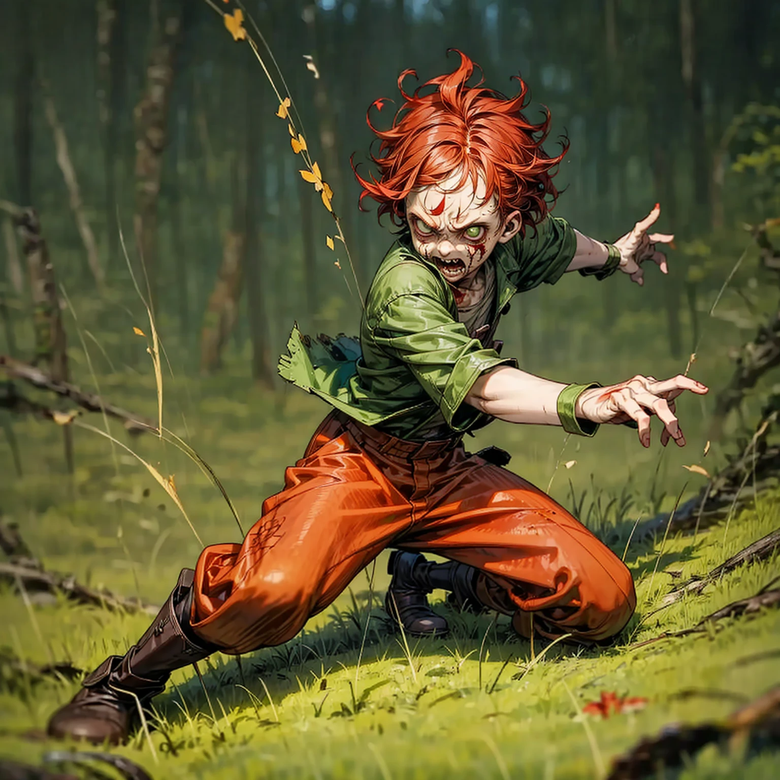 Background in the forest, Grassroots, one piece style art, Full body version, kid boy, hazel eyes, red colour hair, short Curly hairstyle, Farmer clothing, boots, battle gesture, blood on background, (green colour skin, zombie kid boy)