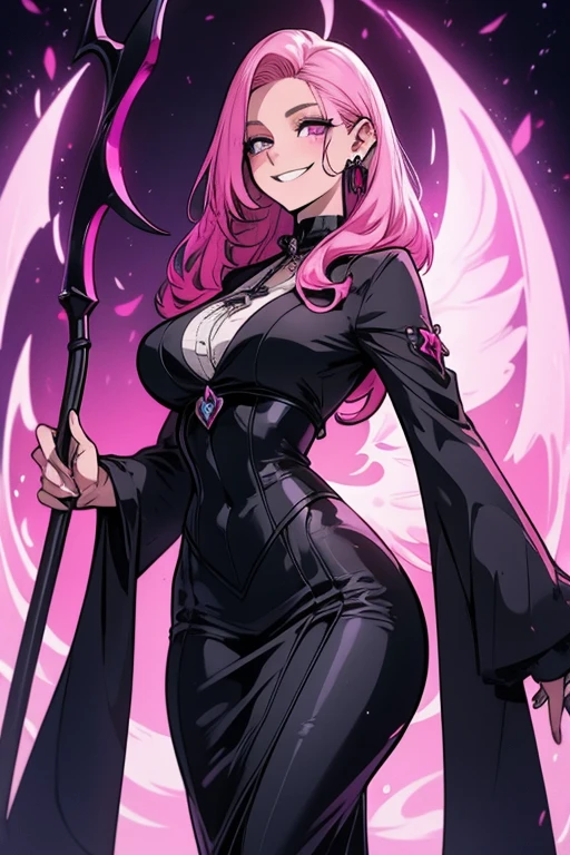 Perfect face. Perfect hands. A pink haired woman with violet eyes and an hourglass figure in a Gothic suit is with her scythe in an office with a big smile