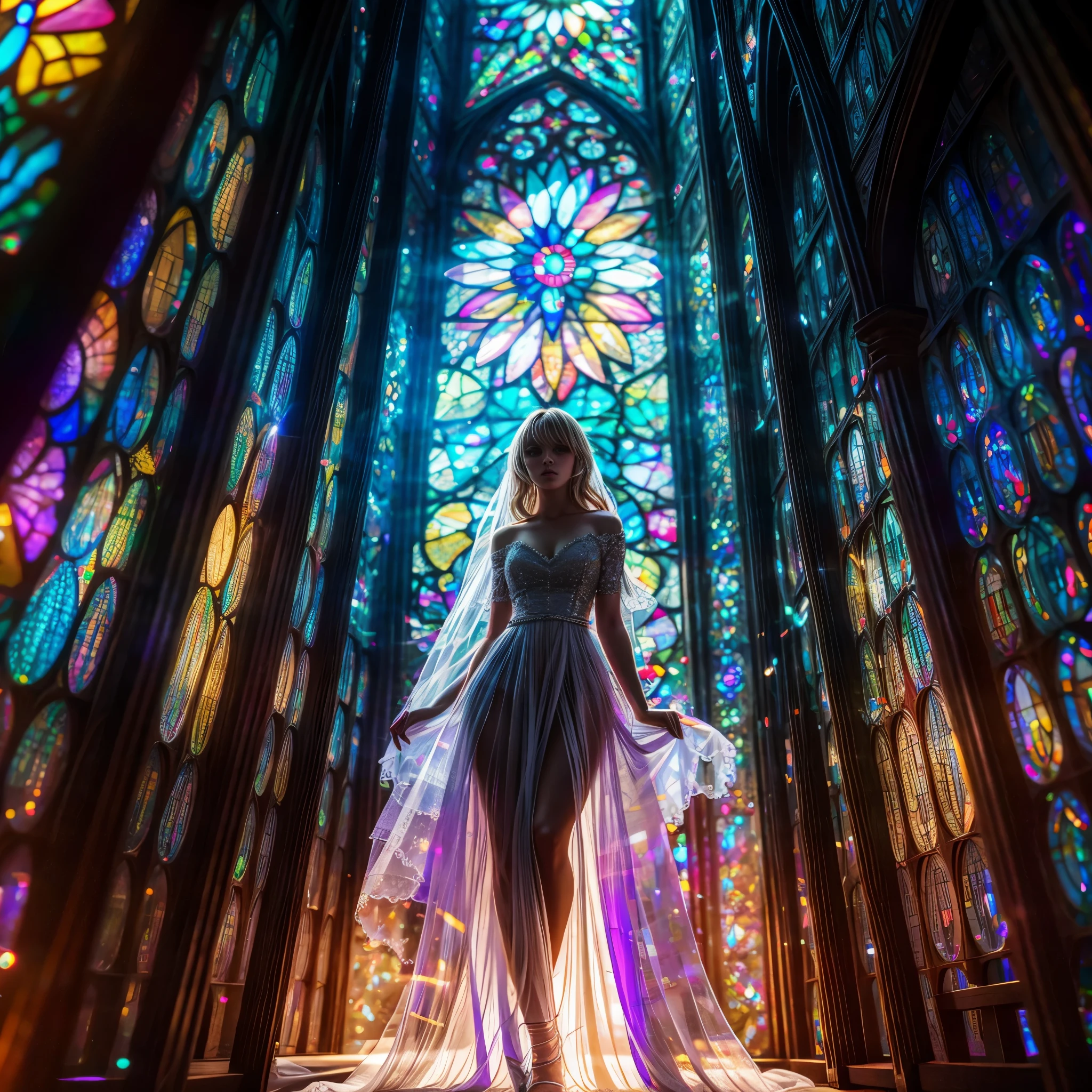  (Cathedral from below:1.28) (ZoomLayer) TopQuality 8K masterpiece of ((Professional photo)), (((Clarisse de Cagliostro))) (Detailed White WeddingDresses), Chain, (((Extremely detailed KAWAII face))) {((VeiledFace))|BlondeHair|(Elaborate BuleEyes)with(SparklingHighlights:1.28)}, The background is distant (((Elaborate stained glass))) Rainbow Glass, {(MysticSight)|EnchantingAtmosphere|Haze|(GodRays)|TyndallEffect}, Radiant PearlSkin with Transparency, (Exposed:0.39)