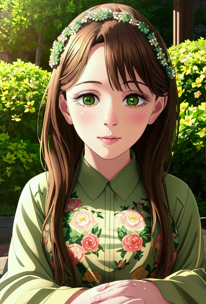 a young girl with beautiful detailed green eyes, long eyelashes, delicate features, and flowing brown hair, elegant pose, serene expression, floral garden background, sunlight, (best quality,4k,8k,highres,masterpiece:1.2),ultra-detailed,(realistic,photorealistic,photo-realistic:1.37),intricate details,vibrant colors,soft lighting,serene atmosphere,digital art,concept art,portrait