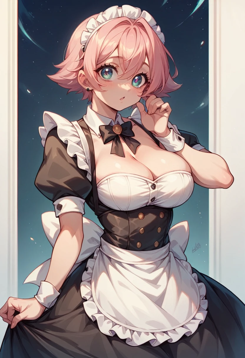 Cute, beautiful, , big breasts, sexly, feminine poses、 Very large breastoist Big Eyes、、pastel colour、sexly、、Night maid、Maid、