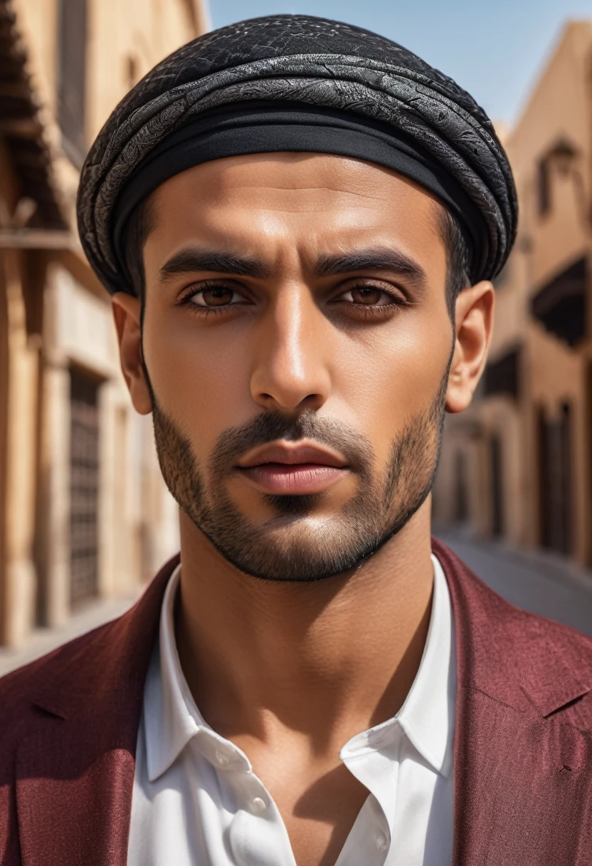 (arabian man, 20s old, young man, fashion model, square face), street style, serious looks, serious atmosphere, looking at viewers, profile photo, upper body shot, ((high-quality, hyper realistic, photorealistic, 8K, best quality, 4k, highres, masterpiece:1.5)), ultra-detailed, (realistic, photorealistic, photo-realistic:1.3), HDR, UHD, ultra-fine painting, sharp focus, physically-based rendering, extreme detail description, professional,