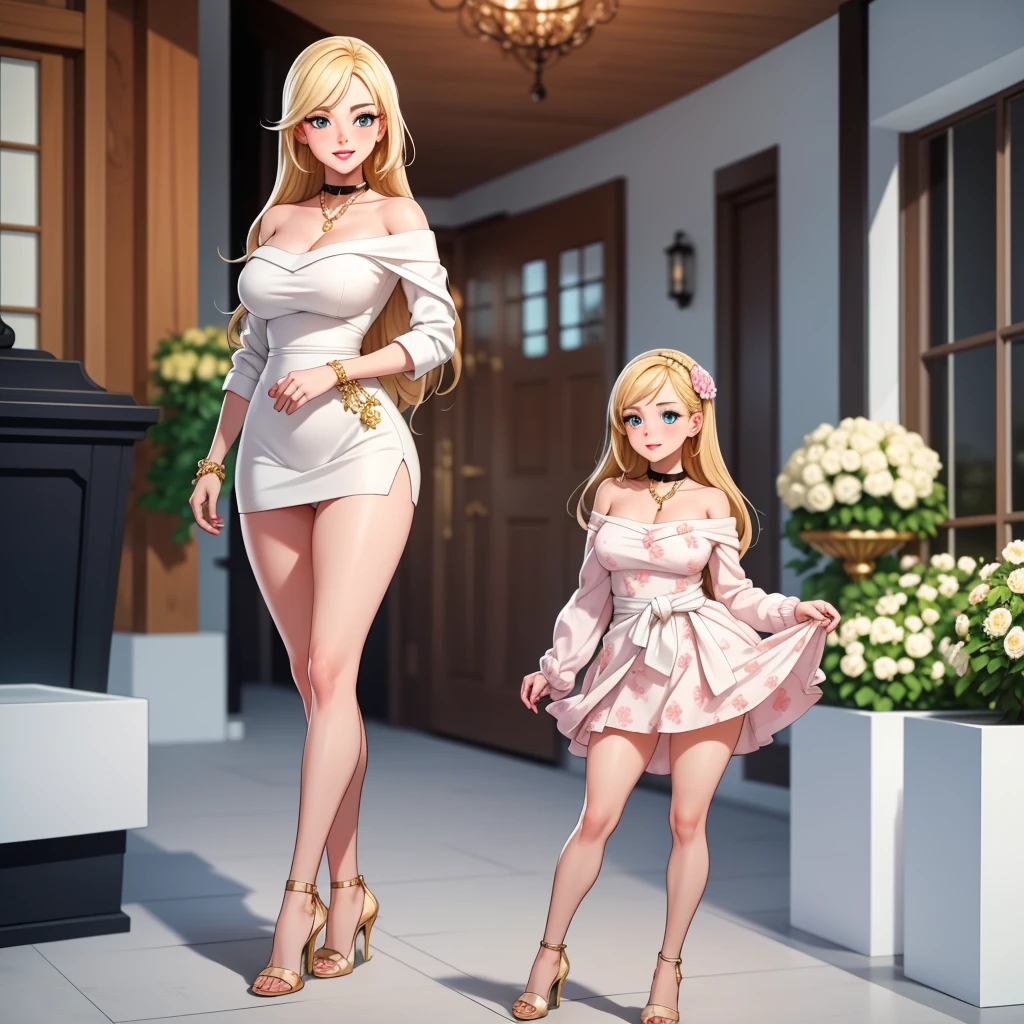 An extremely beautiful stunning busty woman, with gold blonde long silky hair, big blue eyes, extremely super bright snow white fair stunning flawless glowing lush shiny flawless white skin, a perfect tight hourglass figure, and a skinny waist, sexy thick smooth luscious legs and thighs, extremely cute smile on the face, bright pink blushes on cheeks, wearing a short sexy tight revealing white floral dress along with a pink sash around the waist and a brown off-shoulder sweater, yellow heels, gold necklace on the neck, gold anklets on feet, gold chain on the waist, standing straight, holding a red roses bouquet, street in the background, show full body from head to feet.