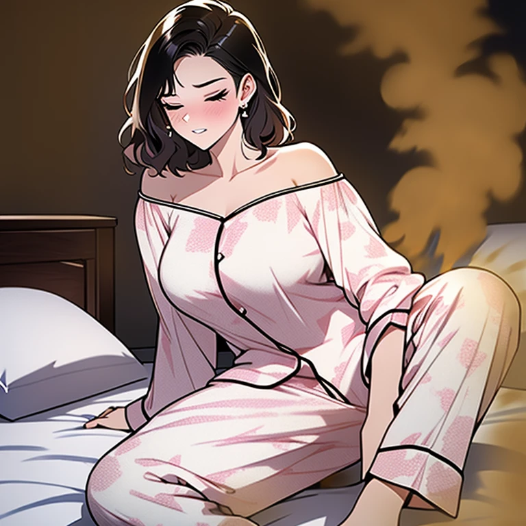 beautiful face, Highly detailed face and skin texture, thin eyebrows, glitter eyeliner: 1.2, natural cheeks, shiny skin, Fair skin, (((wearing pajamas))), sparkly earrings, (glossy lips: 1. 4), (20-year-old), (wavy hair, diagonal bangs), (short hair, short back hair, boyish hair), head band, off shoulder、huge breasts, closed eyes, embarrassed face, clenching teeth, sitting on bed, farting, massive fart, blush
