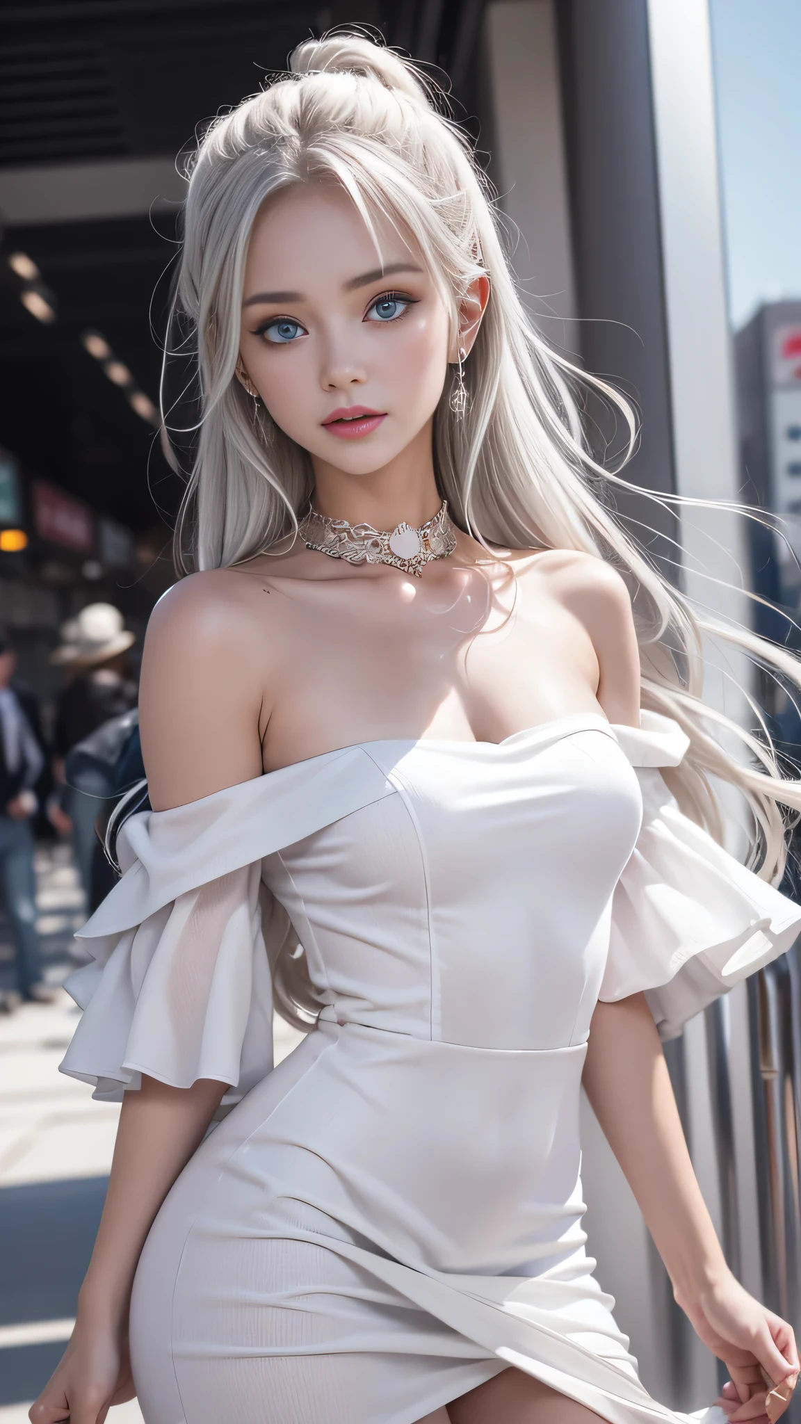 double whirlwind pattern design garment,Iris heterochromatic pupil,silver-haired girl,free high resolution,off shoulders、Off-the-shoulder semi-transparent pure white dress