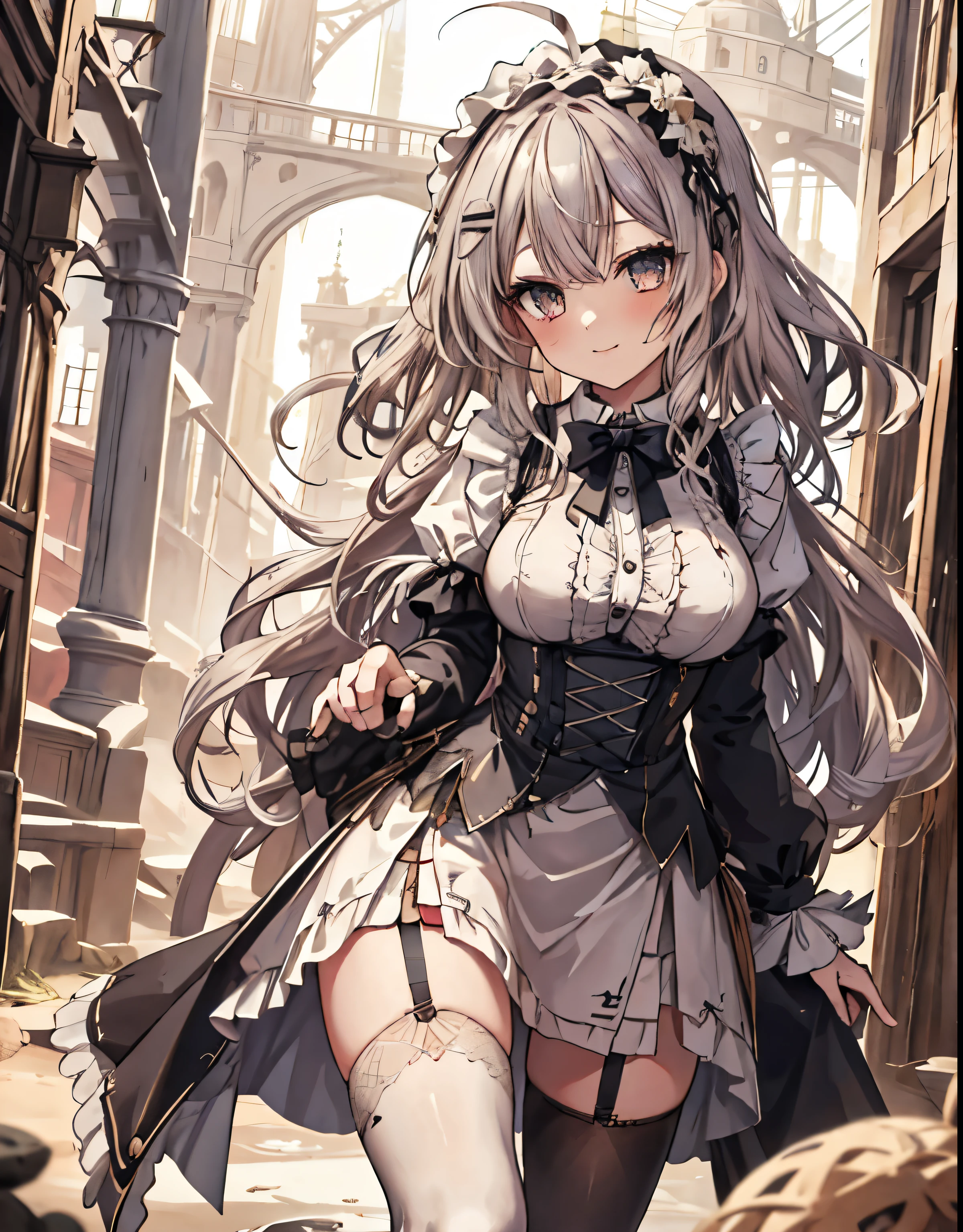 (Highest quality, High resolution, Very detailed), Silver Hair, Long Straight Hair, Reddish brown eyes, gothic lolita, lace thong, Large Breasts, 24th generation, Beautiful woman, mature, quiet, Calm, A small smile, ruins,
