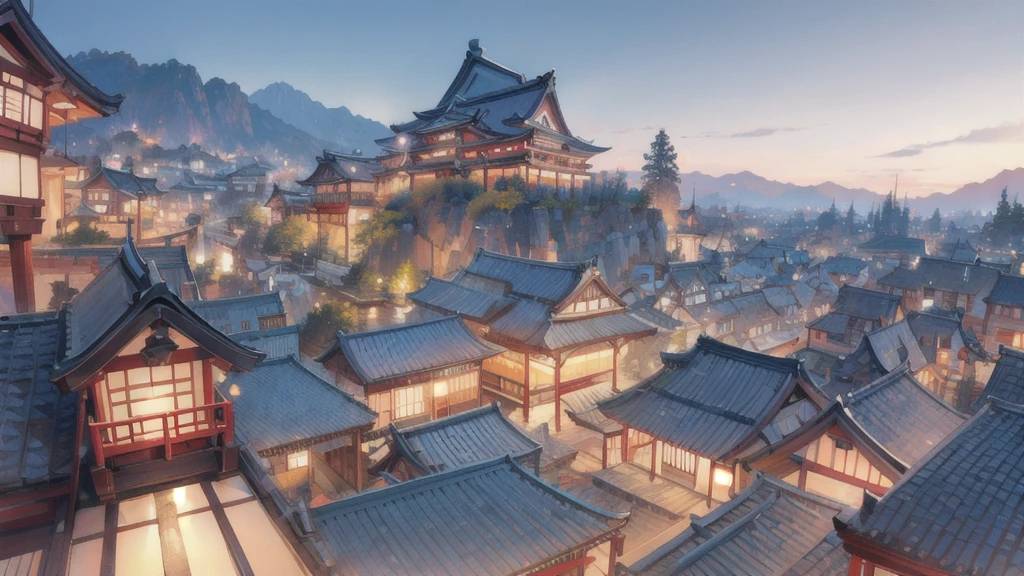 Smiling beauty　Turn around　Low - Angle　Beautifully detailed cityscape　Edo Period