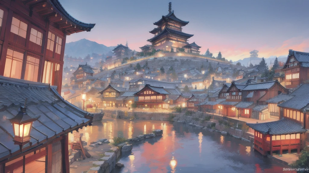 Smiling beauty　Turn around　Low - Angle　Beautifully detailed cityscape　Edo Period