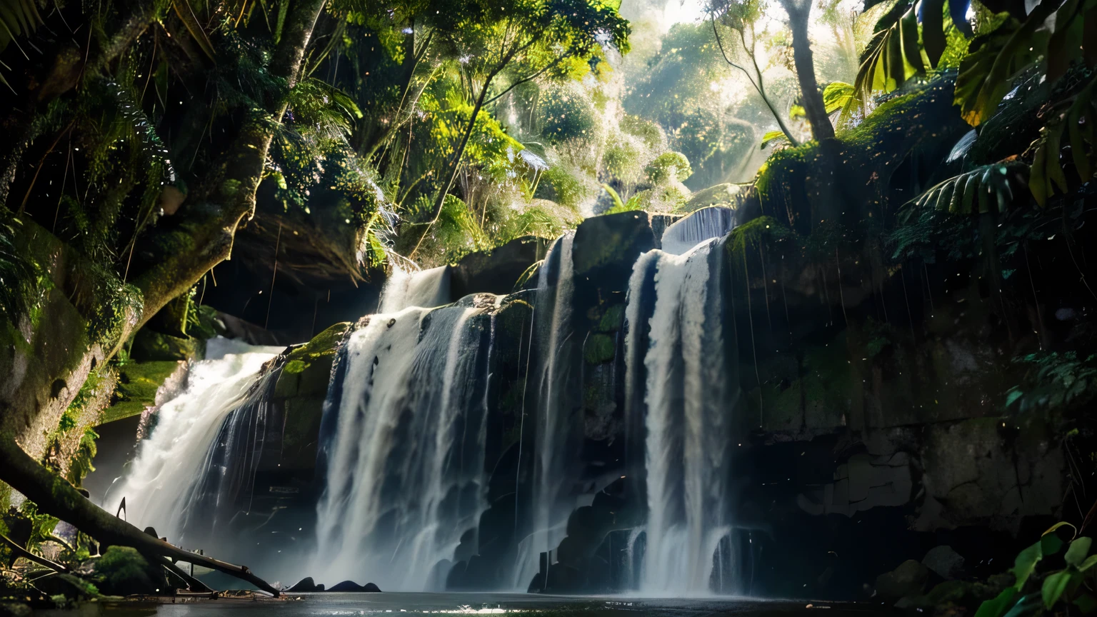 A majestic waterfall cascading through a dense tropical rainforest, with sunlight piercing through the leaves"