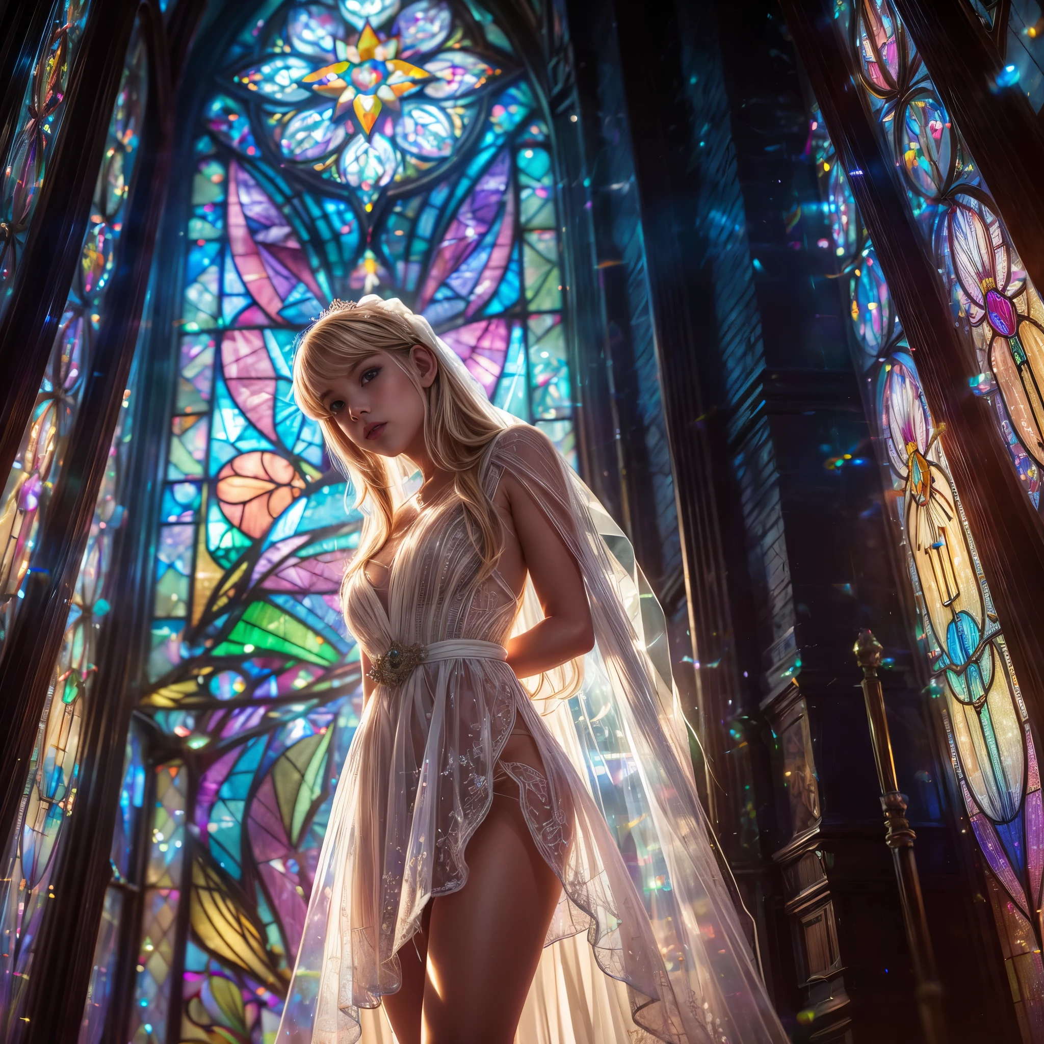  (Cathedral from below:1.28) (ZoomLayer) TopQuality 8K masterpiece of ((Professional photo)), (((Clarisse de Cagliostro))) (Detailed White WeddingDresses), Chain, (((Extremely detailed KAWAII face))) {((VeiledFace))|BlondeHair|(Elaborate BuleEyes)with(SparklingHighlights:1.28)}, The background is distant (((Elaborate stained glass))) Rainbow Glass, {(MysticSight)|EnchantingAtmosphere|Haze|(GodRays)|TyndallEffect}, Radiant PearlSkin with Transparency, (Exposed:0.39)
