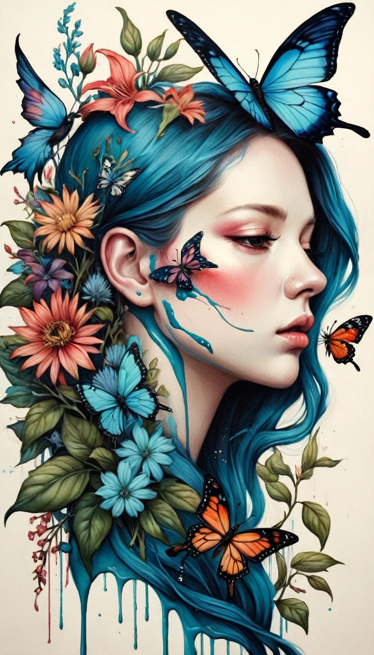 Colored lead painting simple illustration:Inspired by Marco Mazzoni,An expression of pain and struggle,Side face portrait,bird、erfly、Plants and flowers。