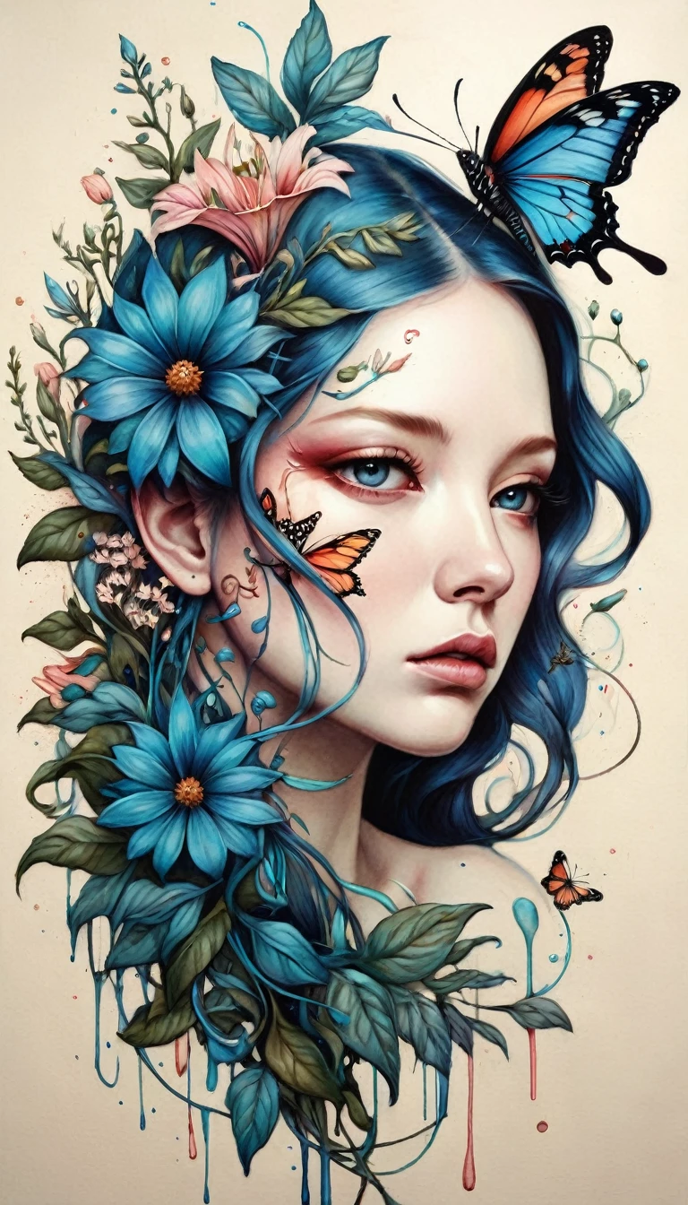 Colored lead painting simple illustration：Inspired by Marco Mazzoni,An expression of pain and struggle，Side face portrait，bird、Butterfly、Plants and flowers。