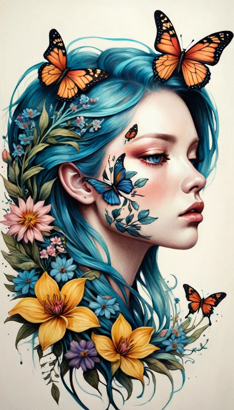 Colored lead painting simple illustration：Inspired by Marco Mazzoni,An expression of pain and struggle，Side face portrait，bird、Butterfly、Plants and flowers。