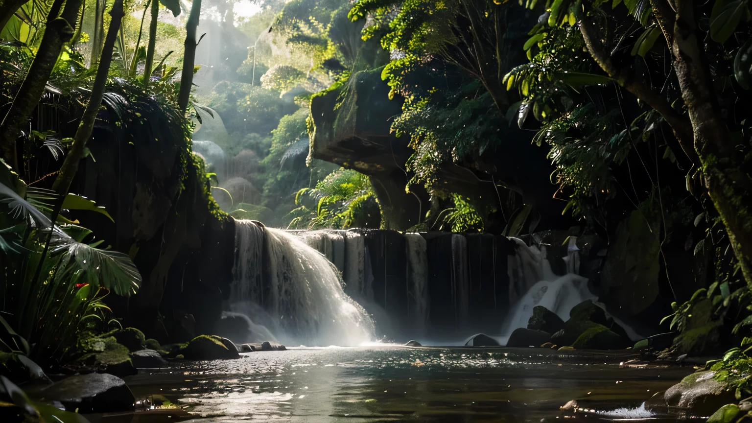 A majestic waterfall cascading through a dense tropical rainforest, with sunlight piercing through the leaves"