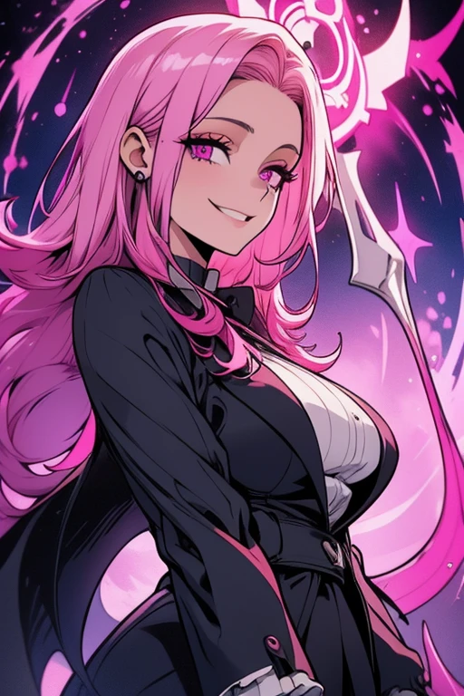 Perfect face. Perfect hands. A pink haired woman with violet eyes and an hourglass figure in a Gothic suit is with her scythe in an office with a big smile