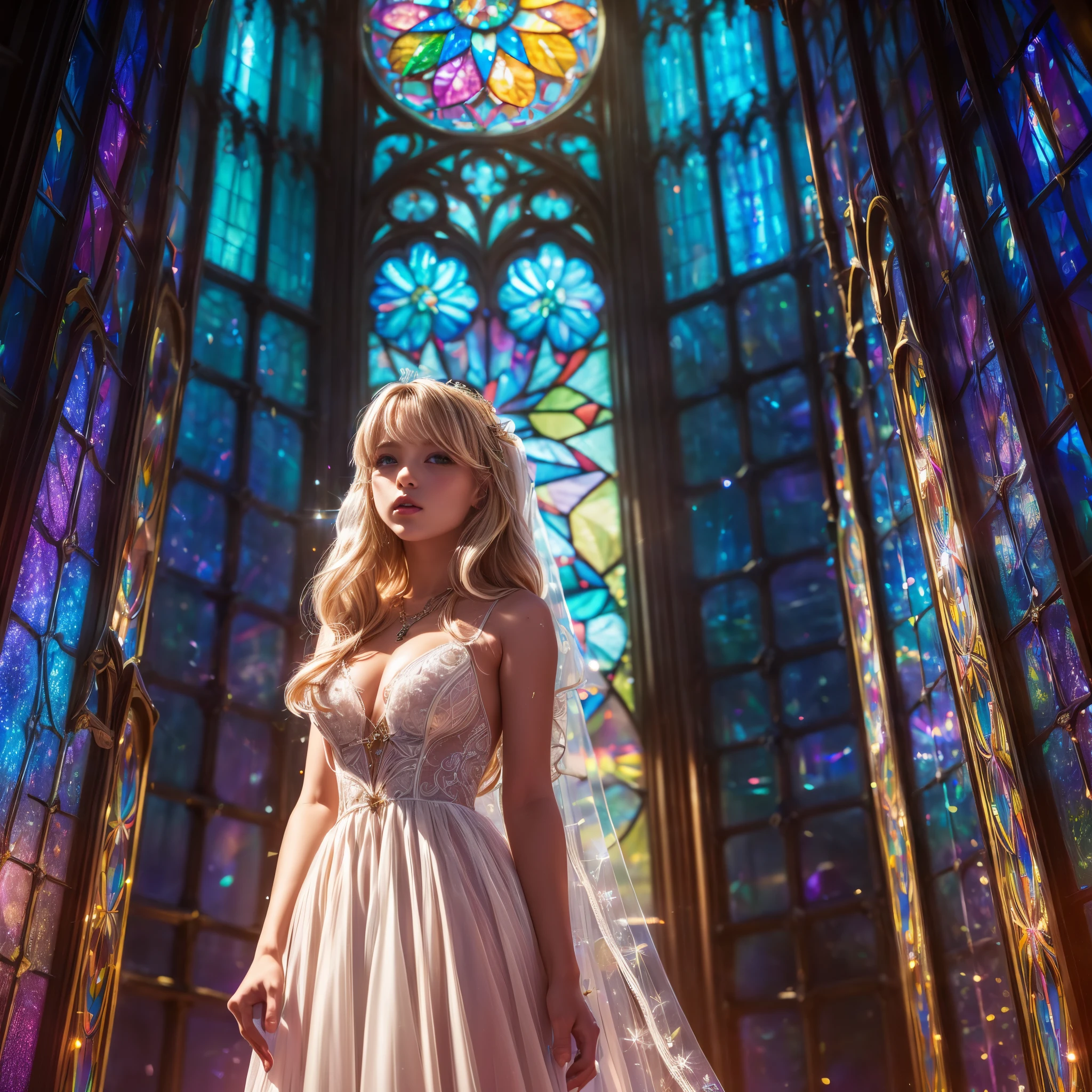  (Cathedral from below:1.28) (ZoomLayer) TopQuality 8K masterpiece of ((Professional photo)), (((Clarisse de Cagliostro))) (Detailed White WeddingDresses), Chain, (((Extremely detailed KAWAII face))) {((VeiledFace))|BlondeHair|(Elaborate BuleEyes)with(SparklingHighlights:1.28)}, The background is distant (((Elaborate stained glass))) Rainbow Glass, {(MysticSight)|EnchantingAtmosphere|Haze|(GodRays)|TyndallEffect}, Radiant PearlSkin with Transparency, (Exposed:0.39)