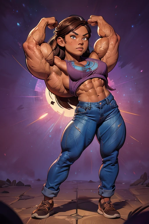 (masterpiece:1.2), (best quality), (ultra detailed), (8k, 4k, intricate),(full-body-shot:1), (highly detailed:1.2),(detailed face:1.2), (detailed background), muscle girl with High cheekbones and a strong jawlineflexing muscles wearing purple muscle shirt and light blue jeans, her hair a rich chestnut brown, giving her a dynamic and youthful appearance, muscle woman, big muscles, huge muscles, massive muscles, muscle girl, bronze skin, Her facial features are a mix of determination and kindness, with expressive eyes that radiate a sense of adventure