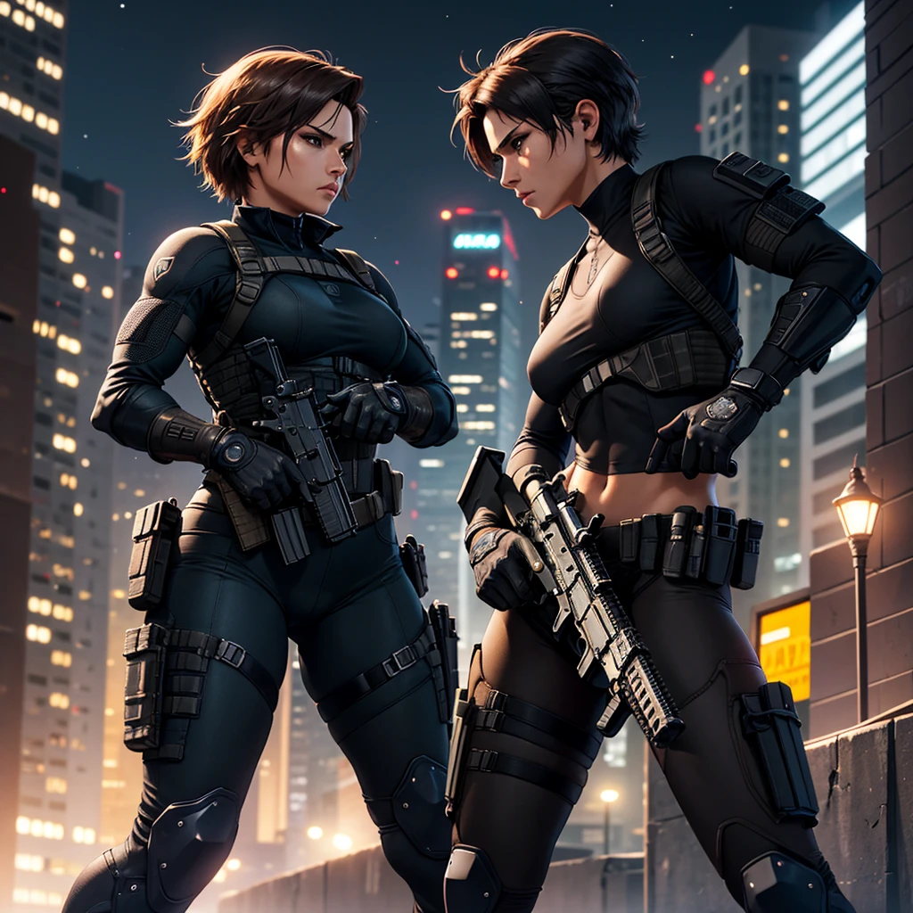 Metal Gear girl latina skin, short hair, with holster, black clothes, tactical holster, and holding a assault rifle, angry,aiming her gun, city, night, detailed background,