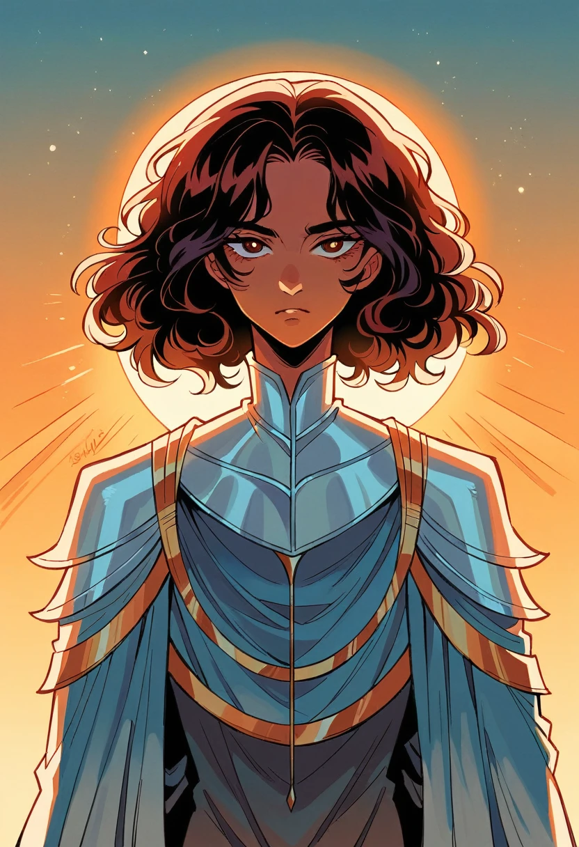 mulatto girl, killer with a serene expression, dark curly medium hair, clean skin, solar flare, soft shadows, pictorial effect dreamy atmosphere long rest scenic, distant pyramids, sunset, ultra detailed, Whole body, dressed in fine garments and light armor BETWEEN METAL AND SILK