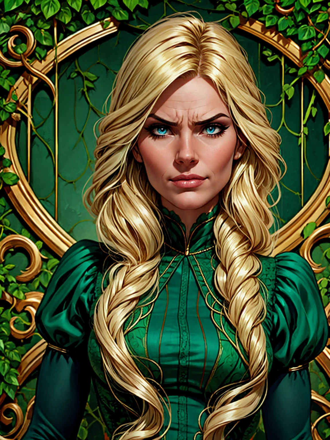 {-erro_de_anatomia:1.0} woman 40 years old, victorian clothes, (green dress) where poison potions and vines abound, a woman (johanna constantine), very long blond hair, curly hair, (blond hair), (dark blue eyes), black nekless . Indifferent look , merciless, Angry face, dinamic poses, egoist smile, upper body