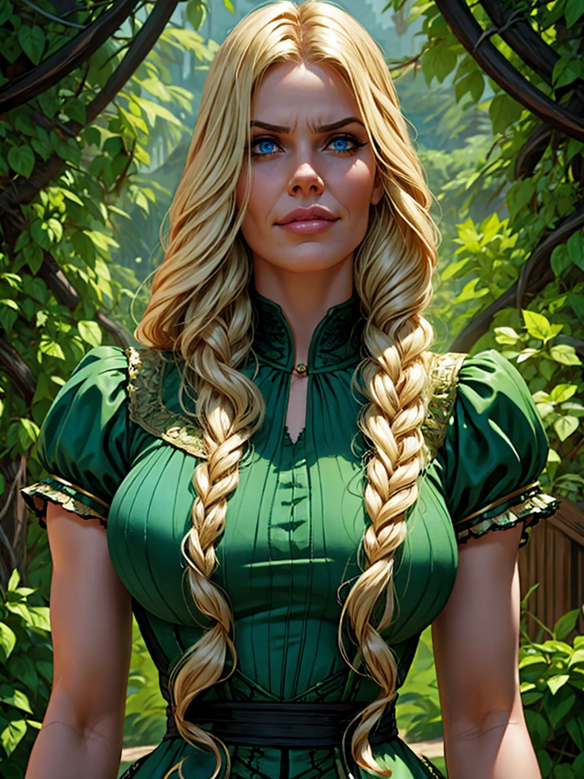 {-erro_de_anatomia:1.0} woman 40 years old, victorian clothes, (green dress) where poison potions and vines abound, a woman (johanna constantine), very long blond hair, curly hair, (blond hair), (dark blue eyes), black nekless . Indifferent look , merciless, Angry face, dinamic poses, egoist smile, upper body