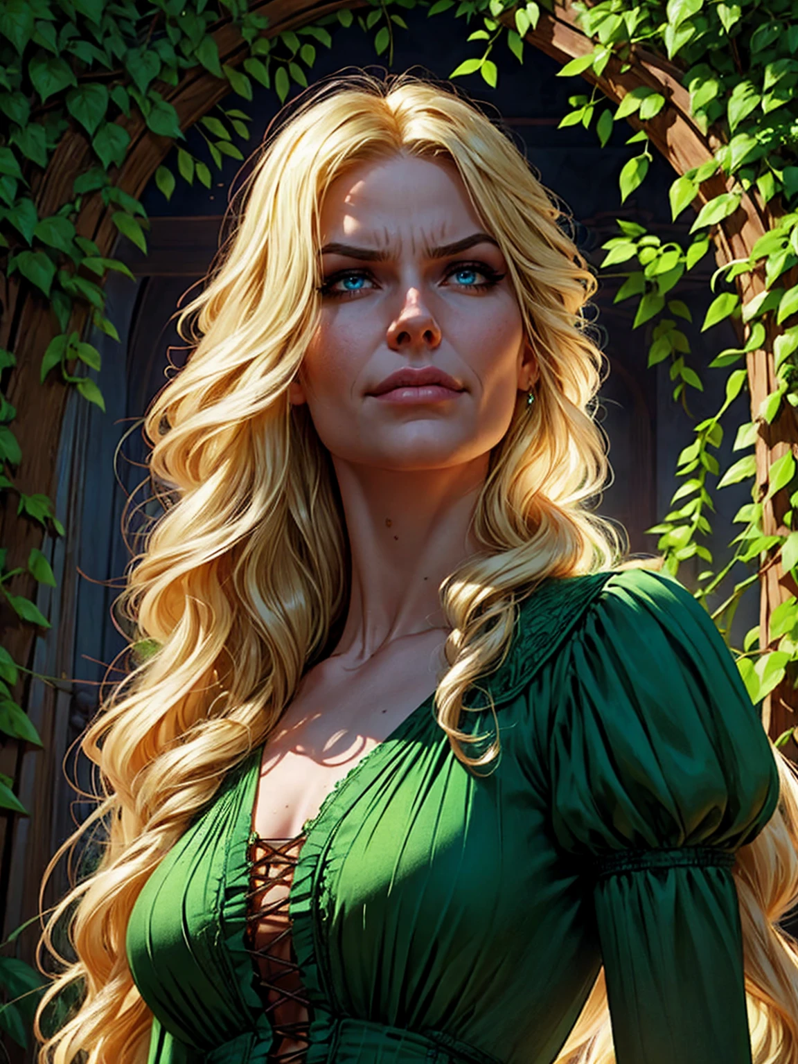 {-erro_de_anatomia:1.0} woman 40 years old, victorian clothes, (green dress) where poison potions and vines abound, a woman (johanna constantine), very long blond hair, curly hair, (blond hair), (dark blue eyes), black nekless . Indifferent look , merciless, Angry face, dinamic poses, egoist smile, upper body